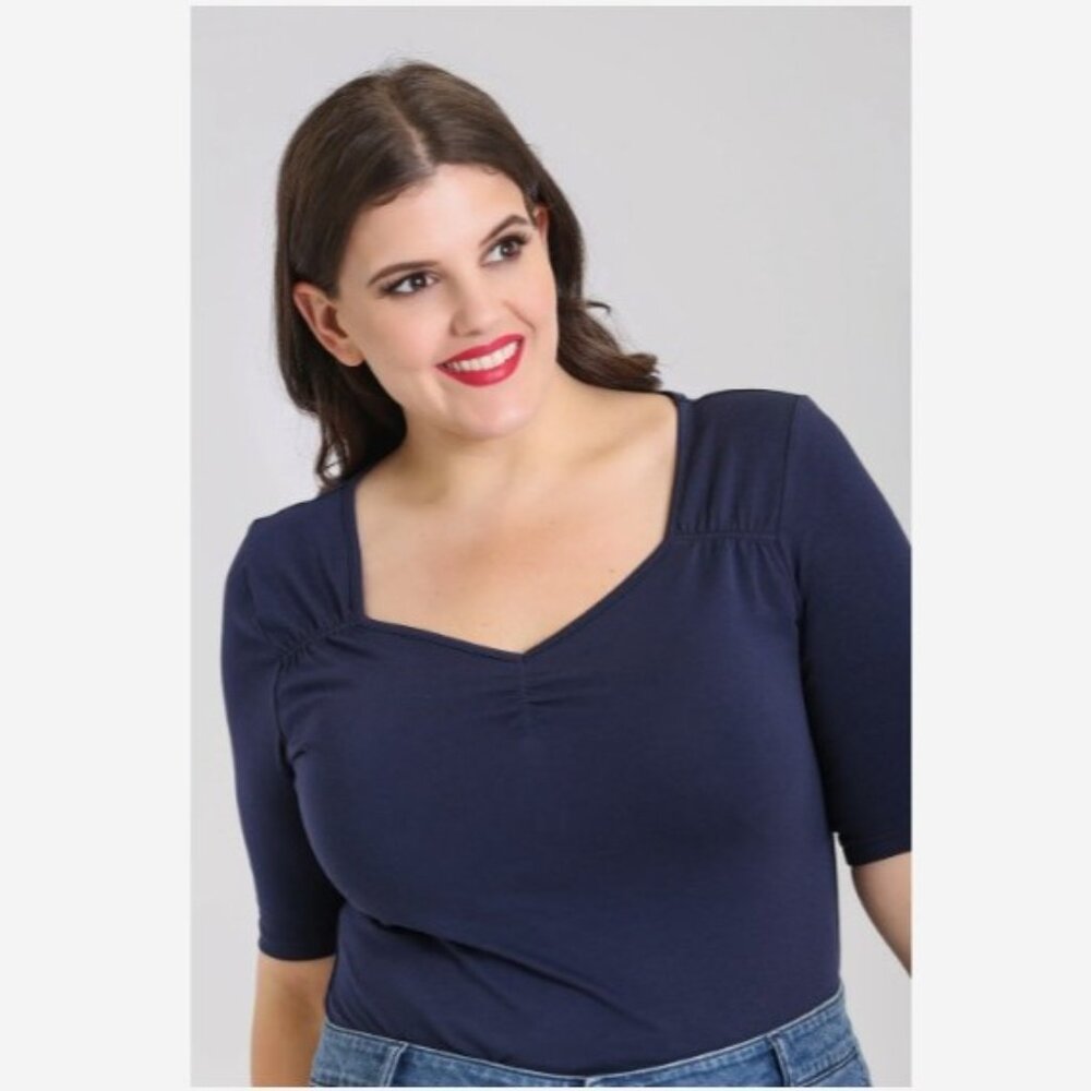 NWOT Philippa Vintage Style Jersey Top with Sweetheart Neckline - Navy Blue